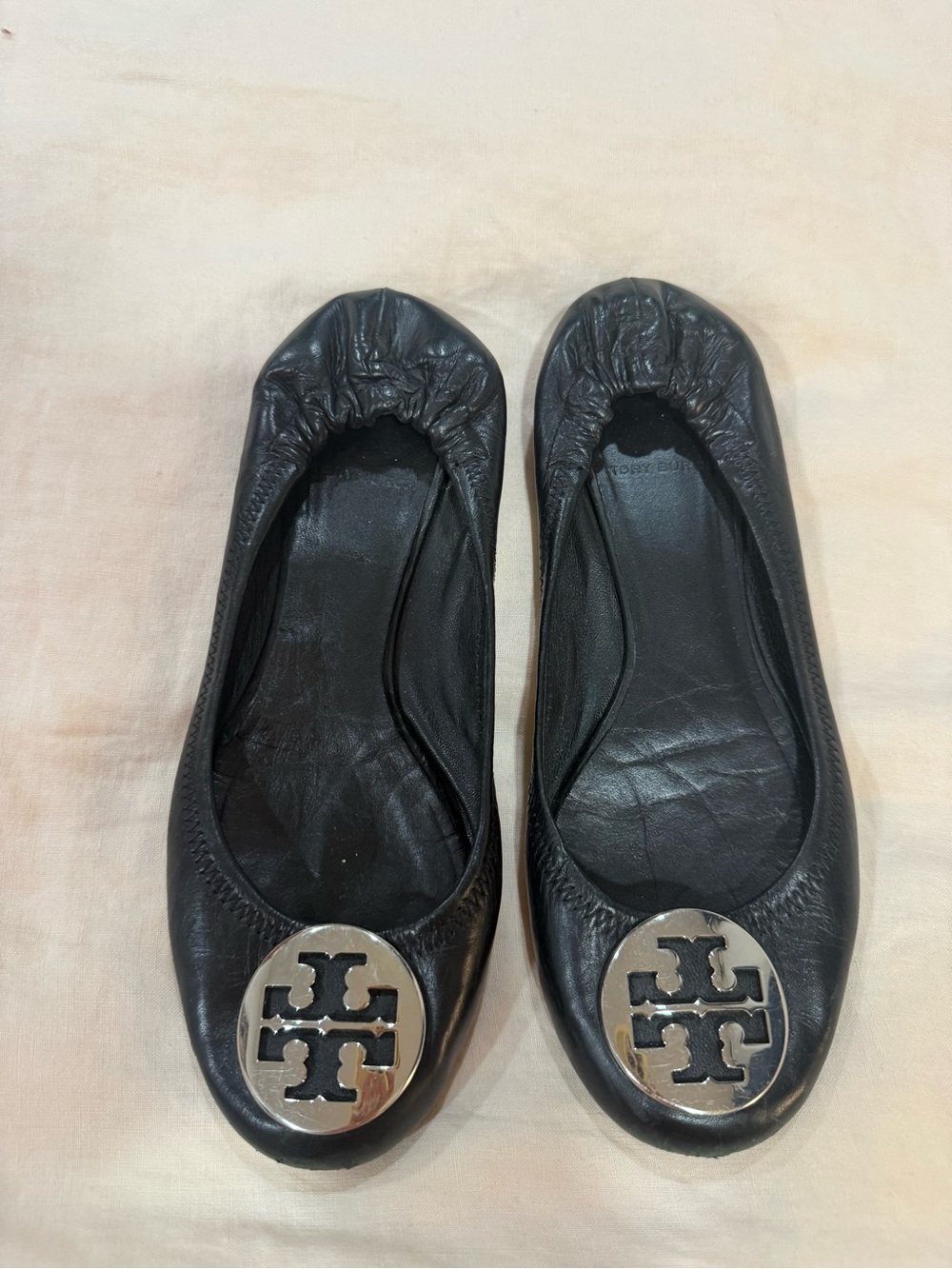 Tory Burch Black Leather Logo Round-Toe Ballet Flats